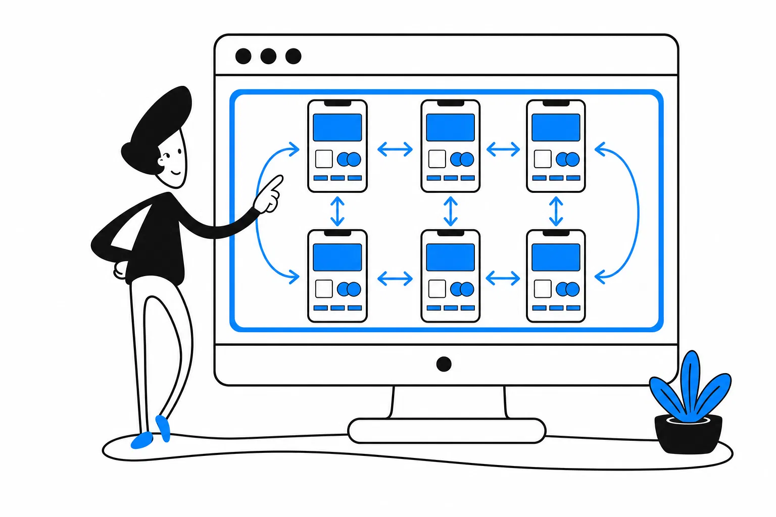 Synchronizer hero illustration — a character pointing at a PC screen showing 6 synced mobile devices